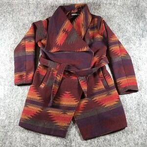 Steve Madden Coat Womens Large Red Southwestern Aztec Belted Wrap Tribal Print